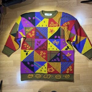 Vintage Kitty Hawk By Vivian Wang Long Women's Sweater Sz L Multicolor Patchwork